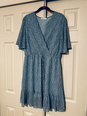 Blue Floral Wrap Dress with Ruffle Hem
